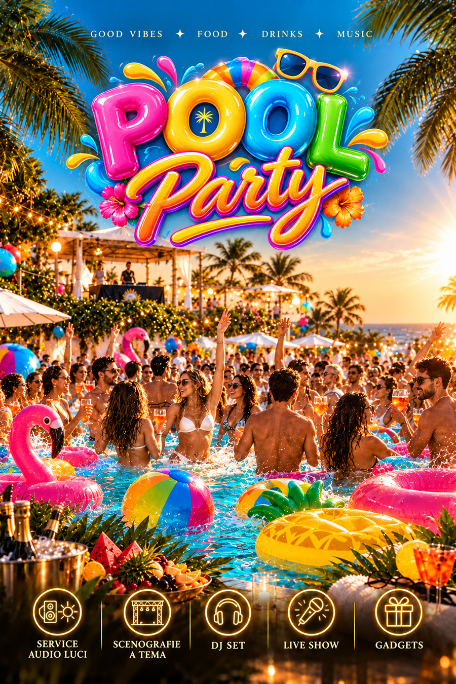 Festa in piscina tropicale al tramonto